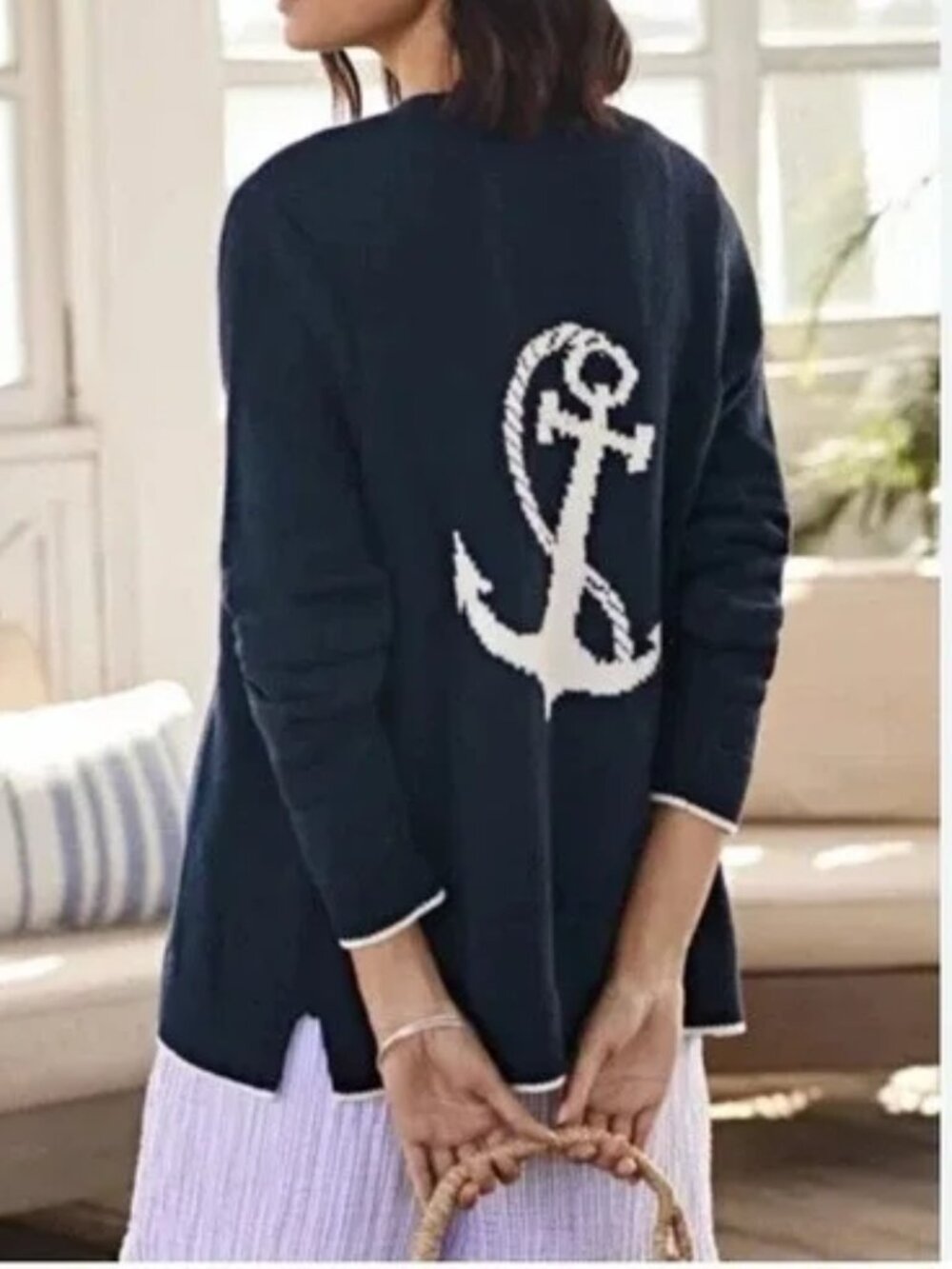 J Jill Anchor Cardigan Sweater Women's Small Cotton Nautical Navy Blue 22" long